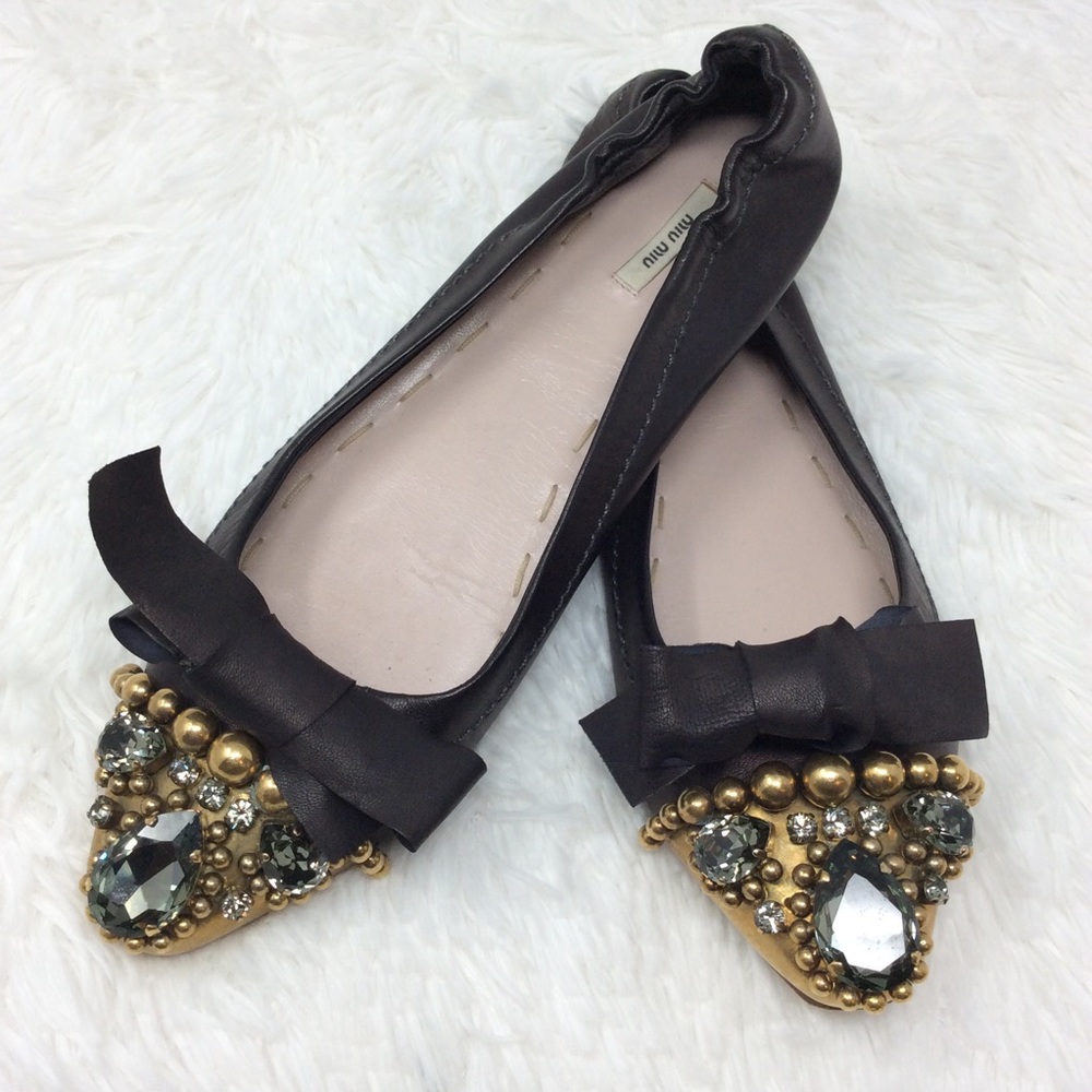 MIU MIU Jeweled Metal Cap Leather Ballet Flats